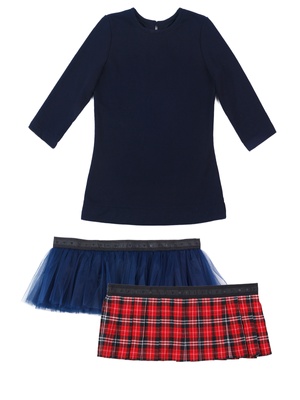 AIRDRESS set: navy blue top and 2 removable skirts (lush navy blue and red tartan)