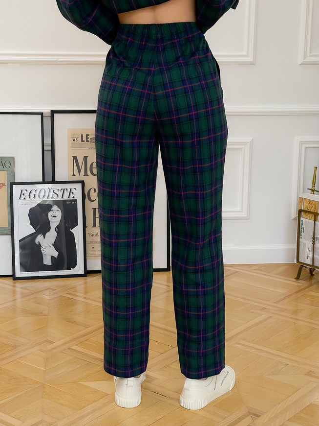 Pajama Style Suit (pants and oversized shirt) Boyfriend's Tyu-Tyu! Green in navy blue and red tartan