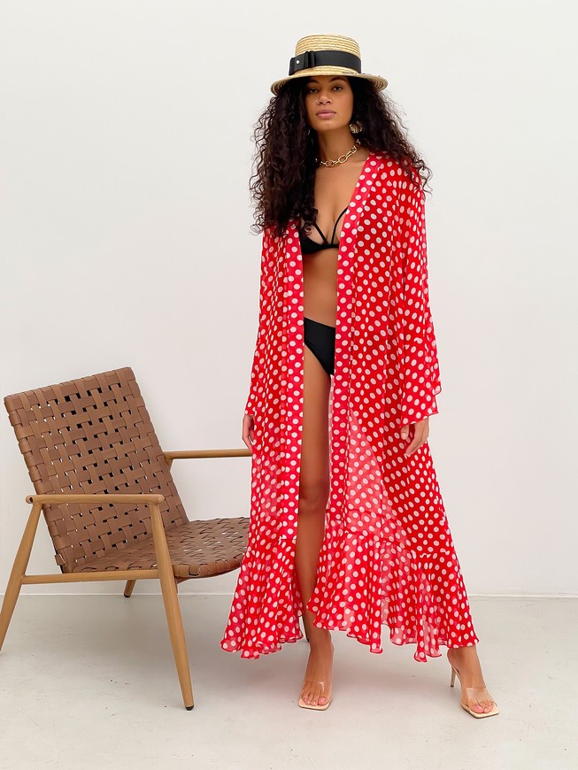 Beach chiffon long cover up with frills Tyu-Tyu! One Size red and white polka dot