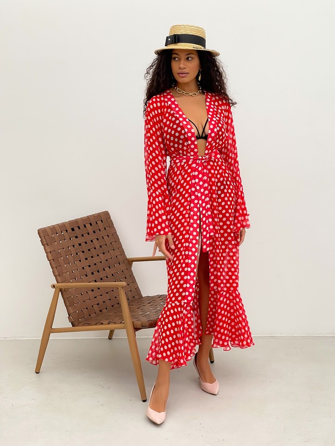 Beach chiffon long cover up with frills Tyu-Tyu! One Size red and white polka dot
