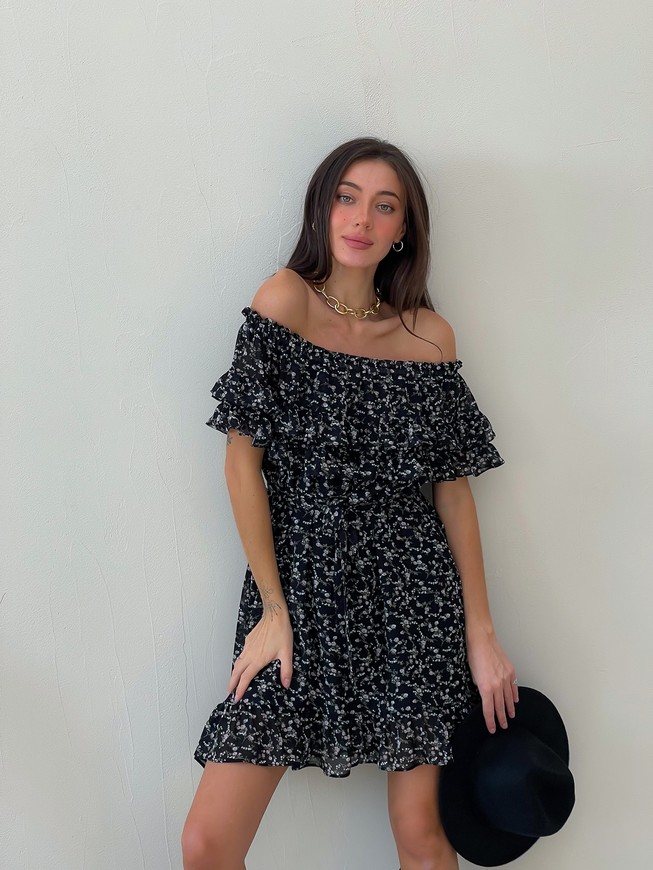 Sundress Tyu-Tyu! XS/S chiffon floral black with ruffles and with bare shoulders