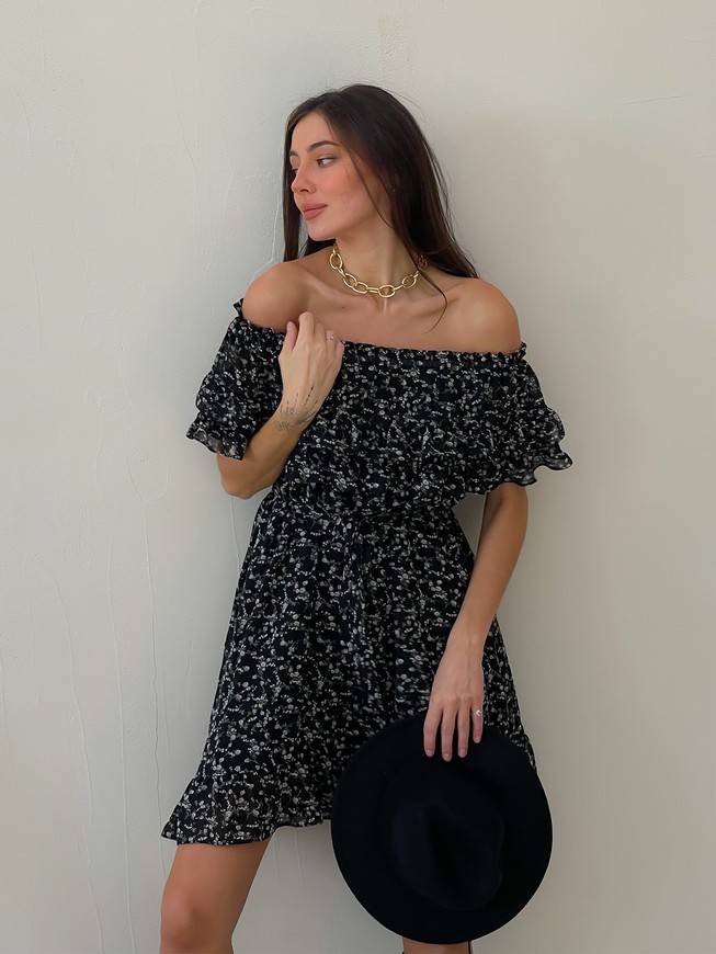 Sundress Tyu-Tyu! XS/S chiffon floral black with ruffles and with bare shoulders