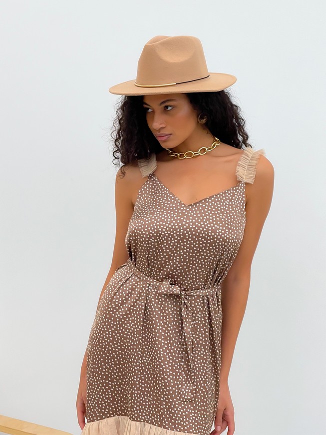 Brown polka dot maxi slip dress with beige tulle ruffles