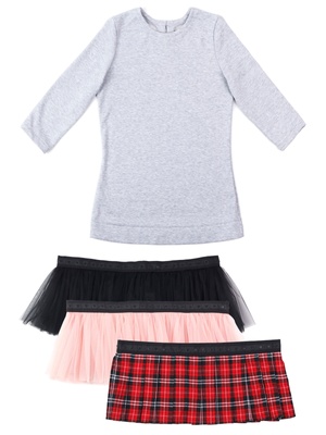 AIRDRESS set: gray top and 3 removable skirts (lush black and blush pink, red tartan)