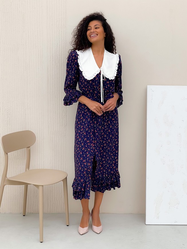 Wrap-dress with removable collar and frills Tyu-Tyu! XS navy blue in floral print