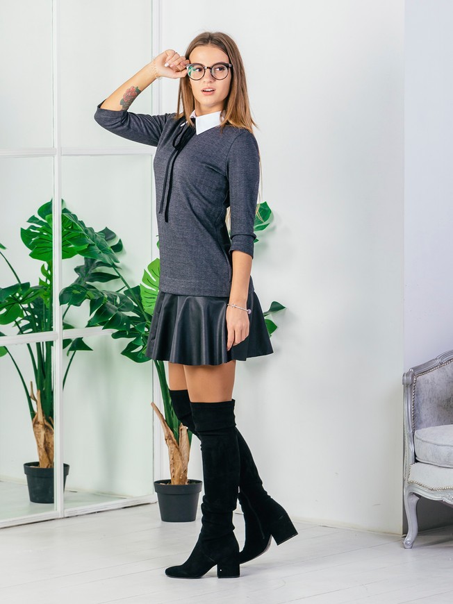 Платье-конструктор AIRDRESS серое "елочка" со съемной черной юбкой из экокожи и воротником