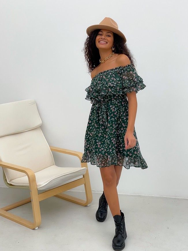 Sundress Tyu-Tyu! XS/S chiffon floral green with ruffles and with bare shoulders