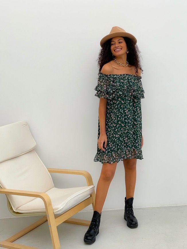 Sundress Tyu-Tyu! XS/S chiffon floral green with ruffles and with bare shoulders