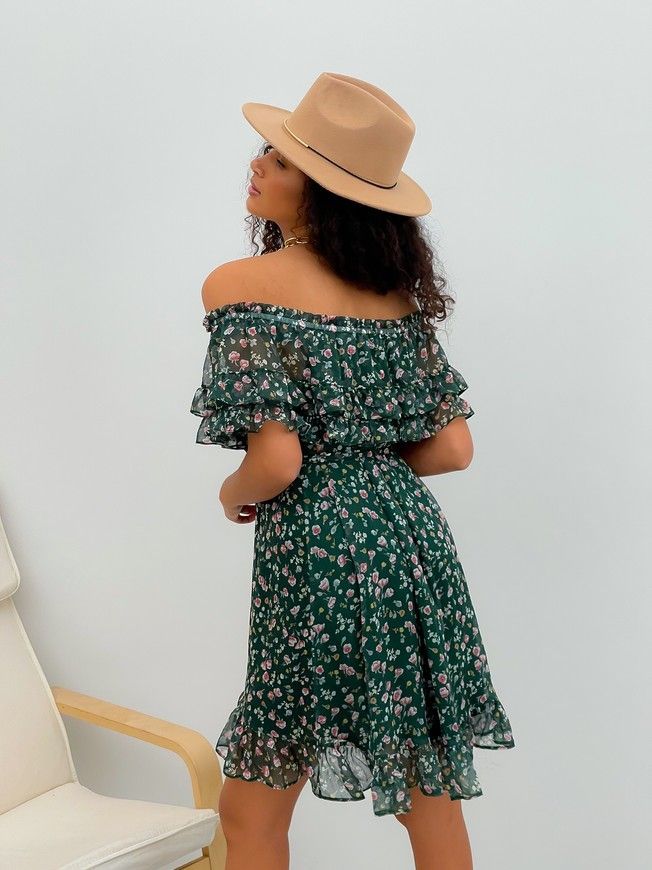 Sundress Tyu-Tyu! XS/S chiffon floral green with ruffles and with bare shoulders
