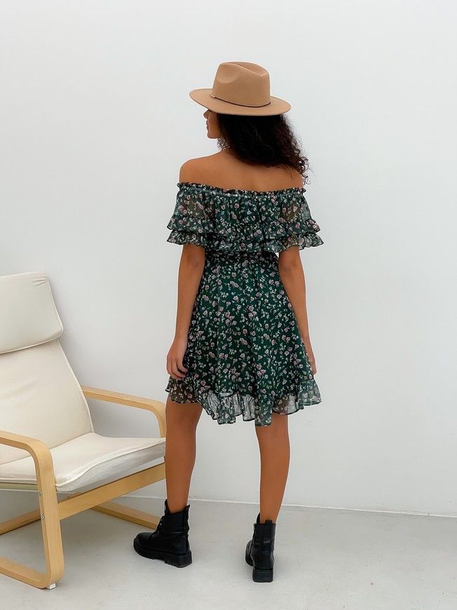 Sundress Tyu-Tyu! XS/S chiffon floral green with ruffles and with bare shoulders