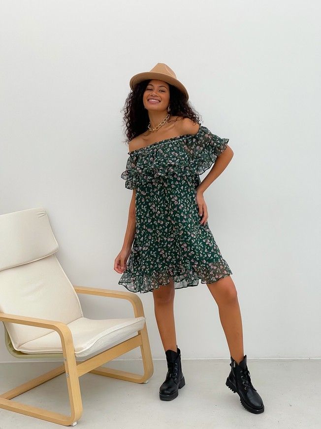 Sundress Tyu-Tyu! XS/S chiffon floral green with ruffles and with bare shoulders