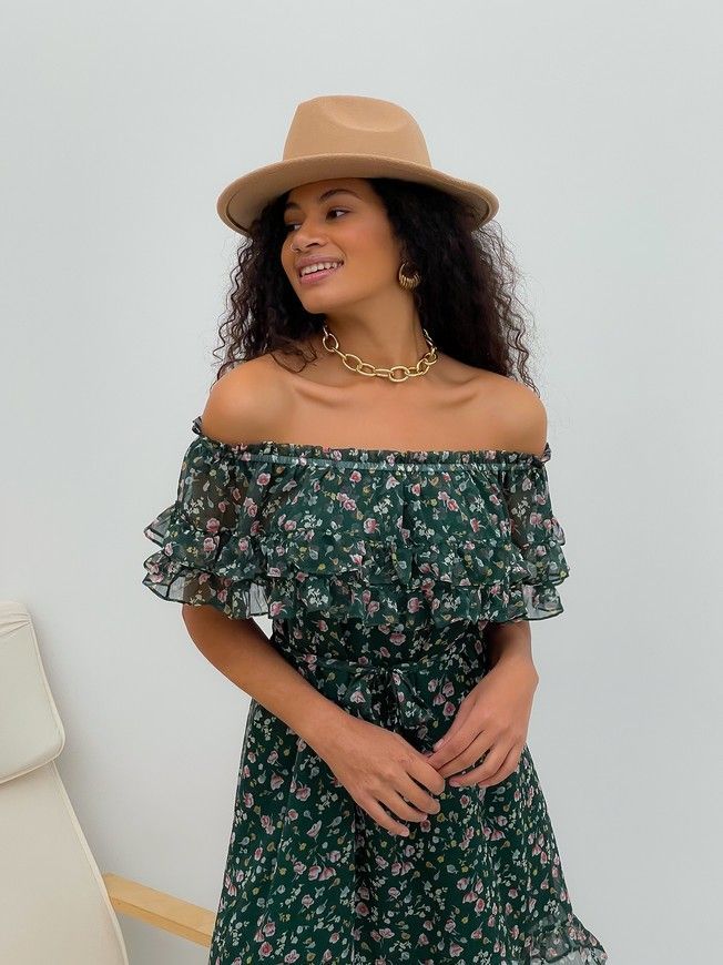 Sundress Tyu-Tyu! XS/S chiffon floral green with ruffles and with bare shoulders