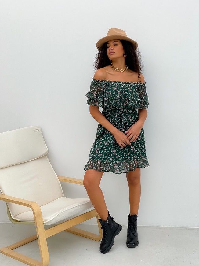 Sundress Tyu-Tyu! XS/S chiffon floral green with ruffles and with bare shoulders