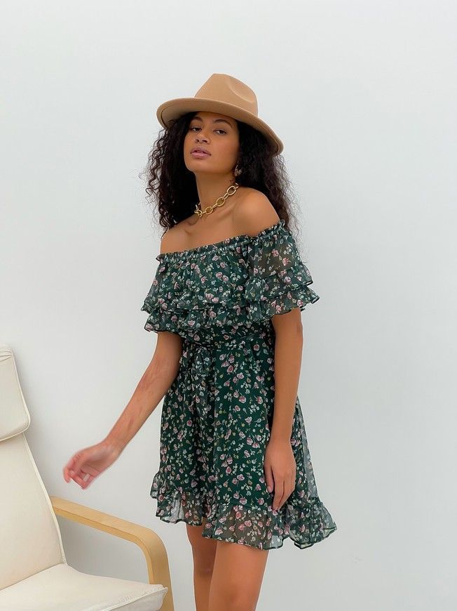 Sundress Tyu-Tyu! XS/S chiffon floral green with ruffles and with bare shoulders