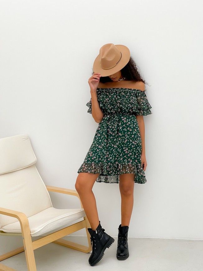 Sundress Tyu-Tyu! XS/S chiffon floral green with ruffles and with bare shoulders