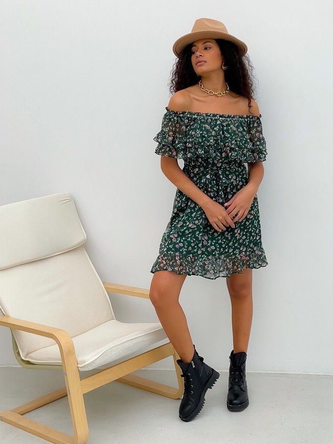 Sundress Tyu-Tyu! XS/S chiffon floral green with ruffles and with bare shoulders