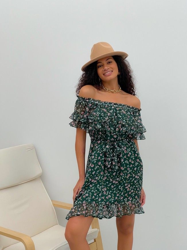 Sundress Tyu-Tyu! XS/S chiffon floral green with ruffles and with bare shoulders