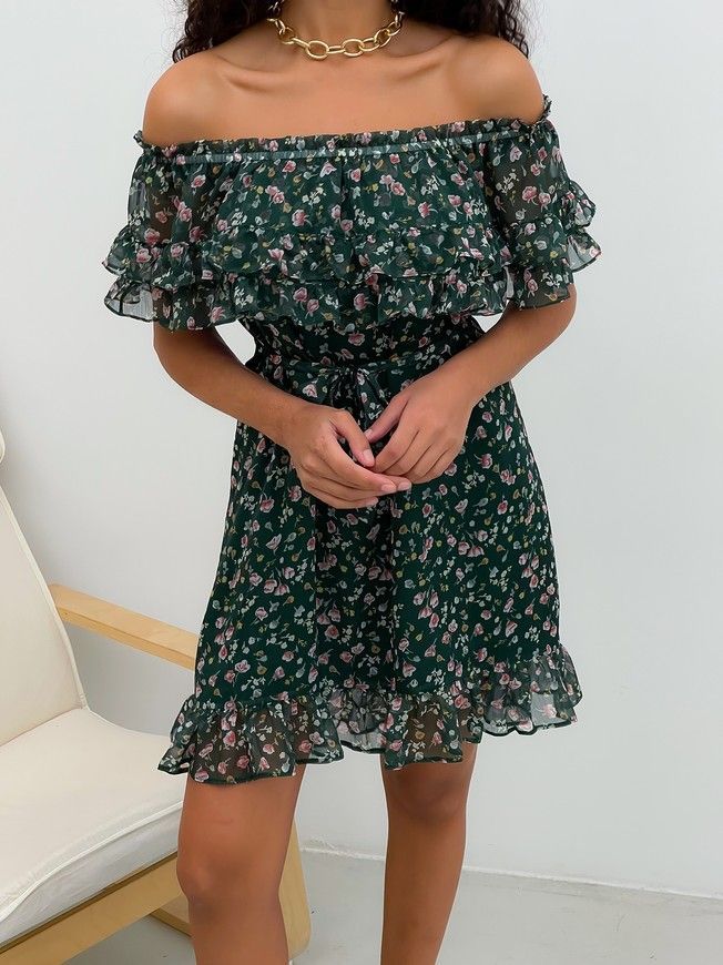 Sundress Tyu-Tyu! XS/S chiffon floral green with ruffles and with bare shoulders