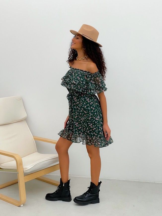 Sundress Tyu-Tyu! XS/S chiffon floral green with ruffles and with bare shoulders