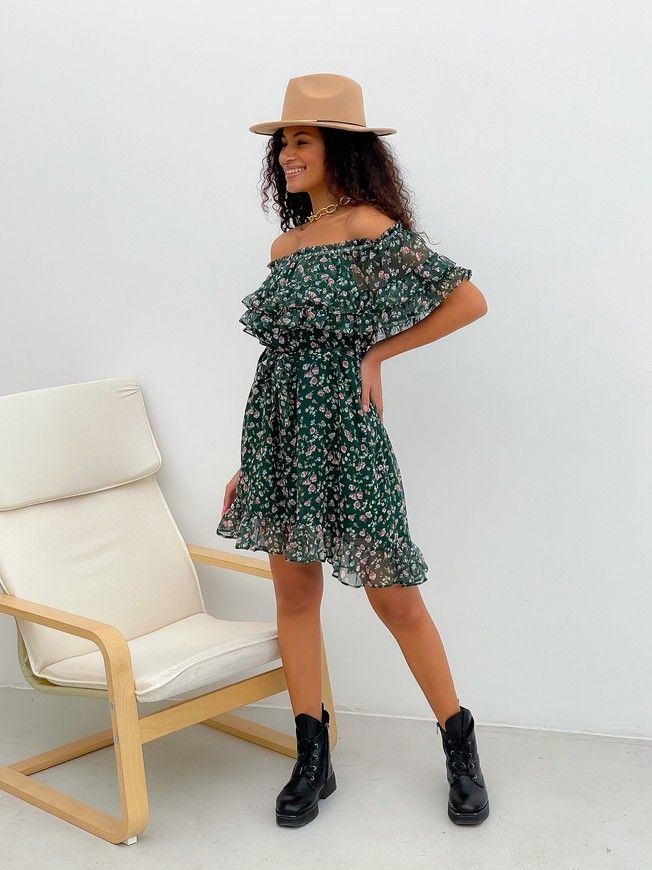 Sundress Tyu-Tyu! XS/S chiffon floral green with ruffles and with bare shoulders