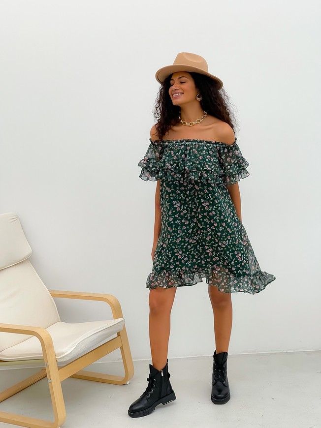 Sundress Tyu-Tyu! XS/S chiffon floral green with ruffles and with bare shoulders