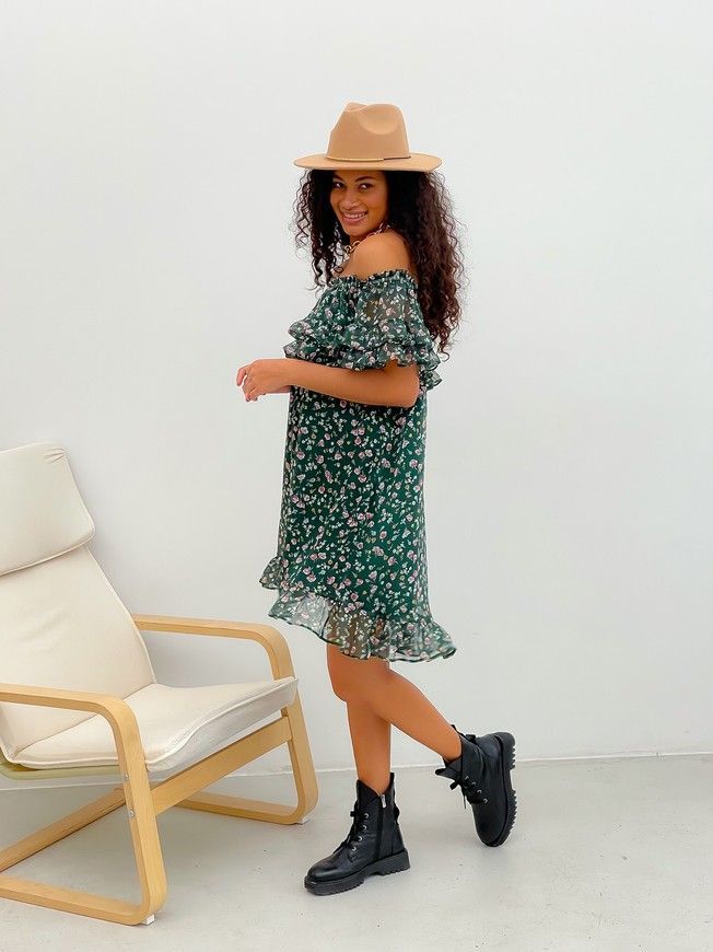 Sundress Tyu-Tyu! XS/S chiffon floral green with ruffles and with bare shoulders