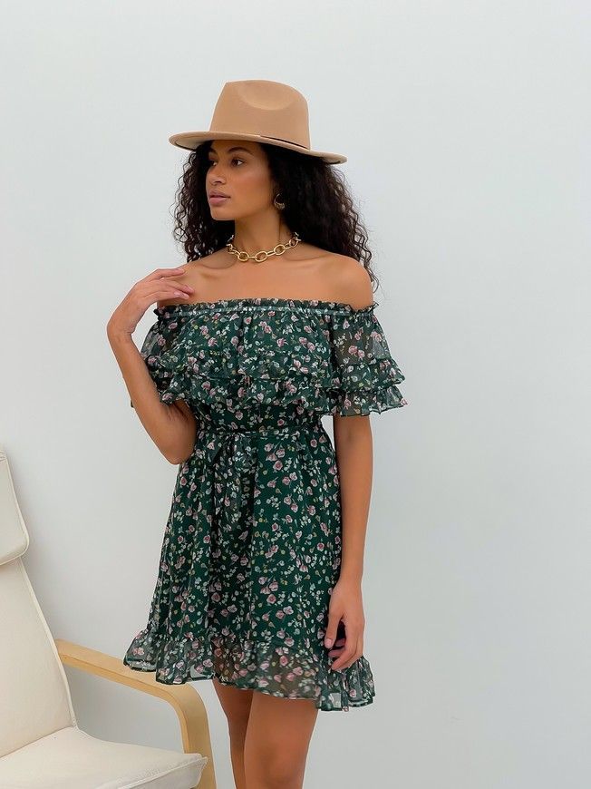 Sundress Tyu-Tyu! XS/S chiffon floral green with ruffles and with bare shoulders