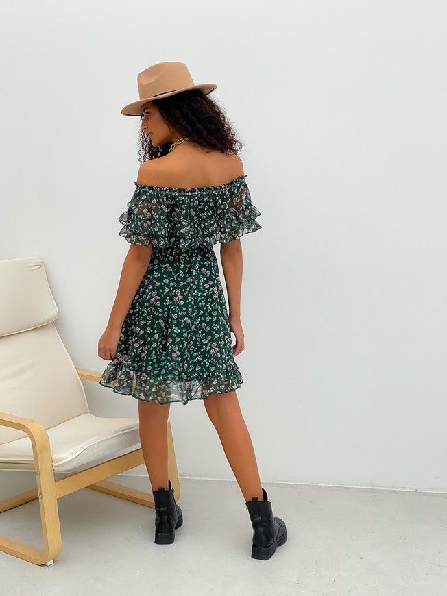 Sundress Tyu-Tyu! XS/S chiffon floral green with ruffles and with bare shoulders