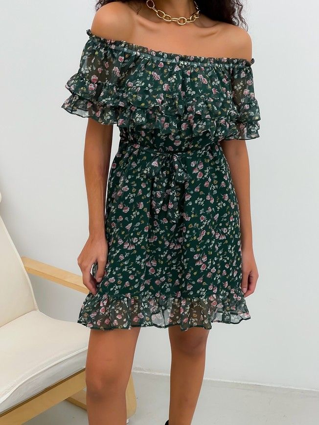 Sundress Tyu-Tyu! XS/S chiffon floral green with ruffles and with bare shoulders