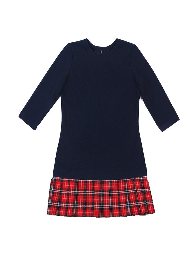AIRDRESS set: navy blue top and 3 removable skirts (navy blue, red, beige tartan)