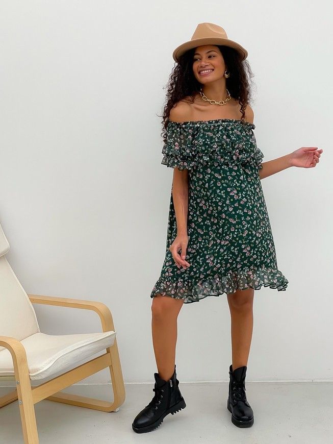 Sundress Tyu-Tyu! XS/S chiffon floral green with ruffles and with bare shoulders