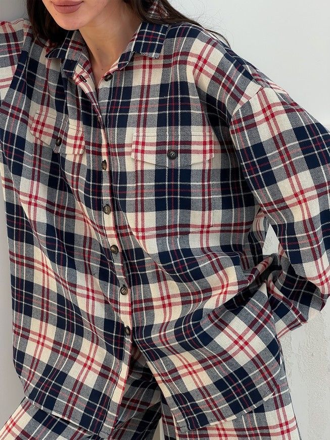 Oversized Pajama Style Suit (bermuda shorts and shirt) Boyfriend's Tyu-Tyu! XS/S milk in red-navy blue tartan