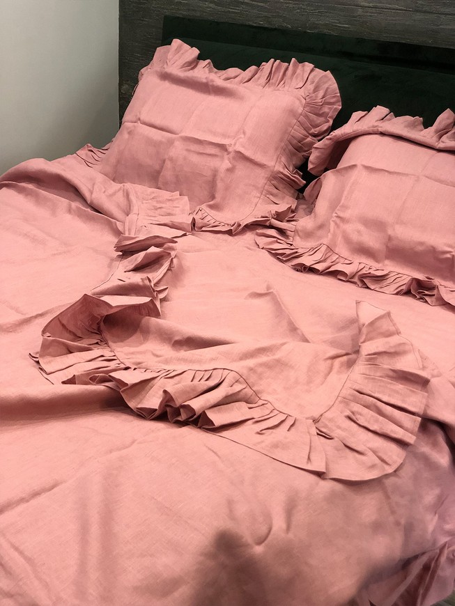 4 piece linen bedding set (full set) with ruffles Euro full/double dusty pink