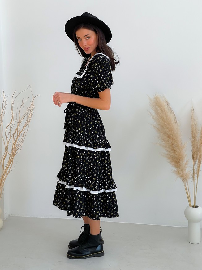 Платье на пуговках со съемным воротником и воланами Тю-Тю! XS черное в цветочный принт