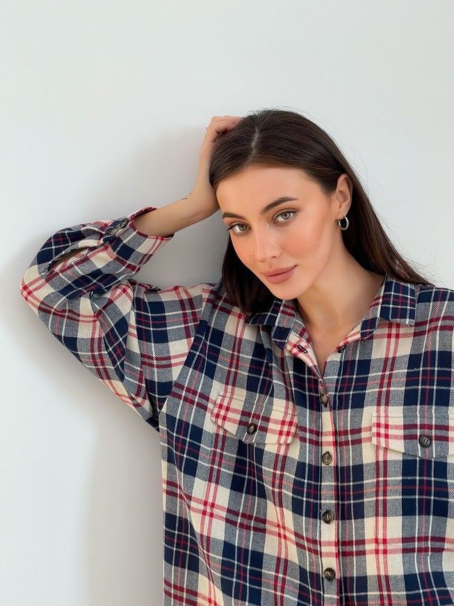 Oversized Pajama Style Suit (bermuda shorts and shirt) Boyfriend's Tyu-Tyu! XS/S milk in red-navy blue tartan