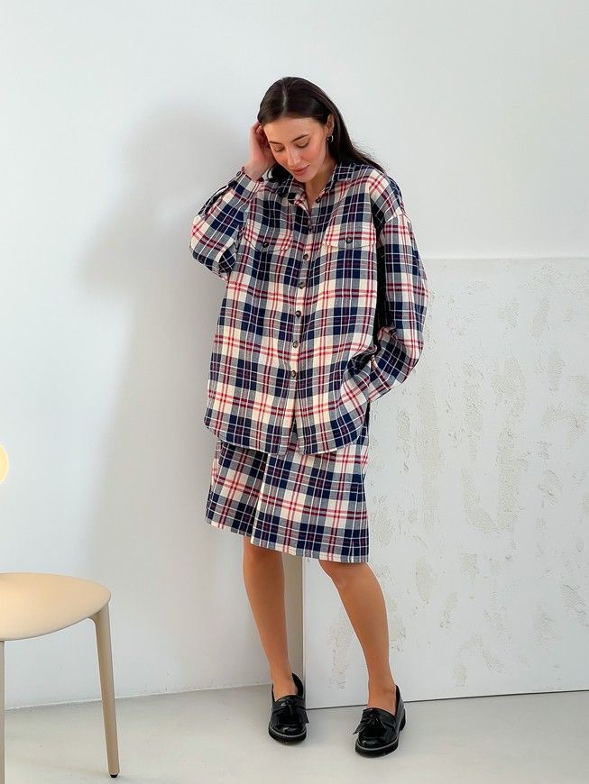 Oversized Pajama Style Suit (bermuda shorts and shirt) Boyfriend's Tyu-Tyu! XS/S milk in red-navy blue tartan