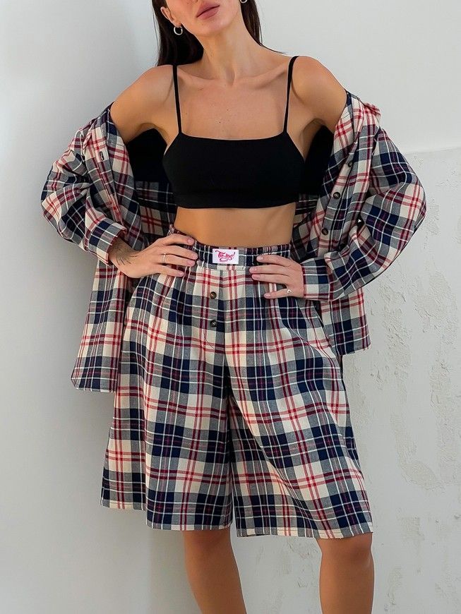 Oversized Pajama Style Suit (bermuda shorts and shirt) Boyfriend's Tyu-Tyu! XS/S milk in red-navy blue tartan