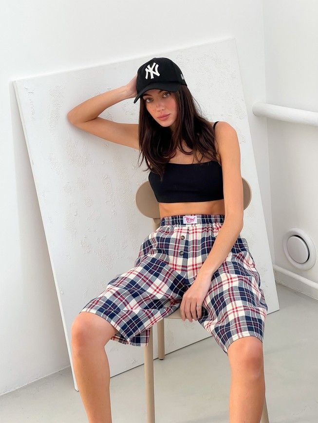 Oversized Pajama Style Suit (bermuda shorts and shirt) Boyfriend's Tyu-Tyu! XS/S milk in red-navy blue tartan