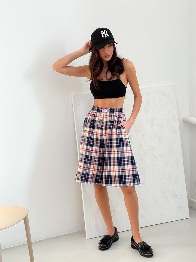 Oversized Pajama Style Suit (bermuda shorts and shirt) Boyfriend's Tyu-Tyu! XS/S milk in red-navy blue tartan