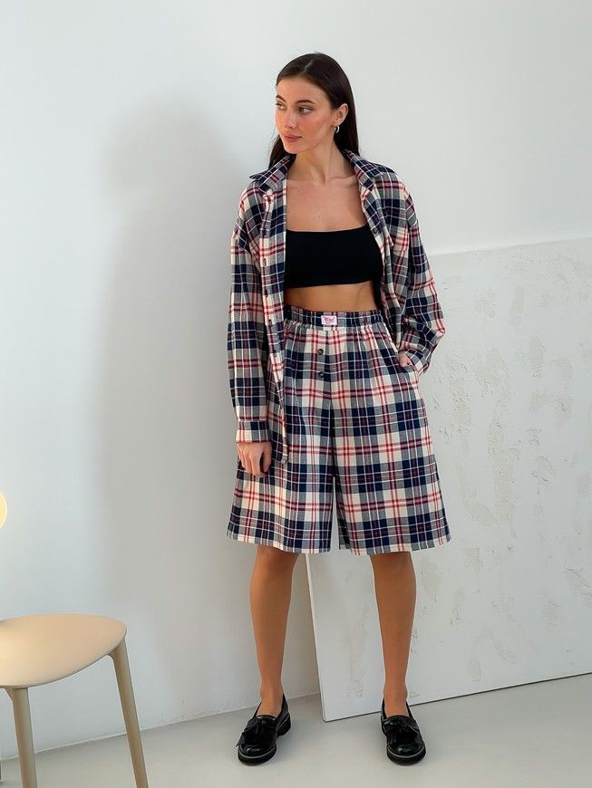 Oversized Pajama Style Suit (bermuda shorts and shirt) Boyfriend's Tyu-Tyu! XS/S milk in red-navy blue tartan