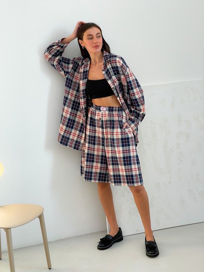 Oversized Pajama Style Suit (bermuda shorts and shirt) Boyfriend's Tyu-Tyu! XS/S milk in red-navy blue tartan