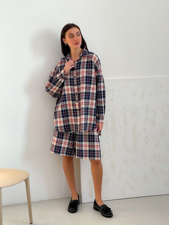 Oversized Pajama Style Suit (bermuda shorts and shirt) Boyfriend's Tyu-Tyu! XS/S milk in red-navy blue tartan