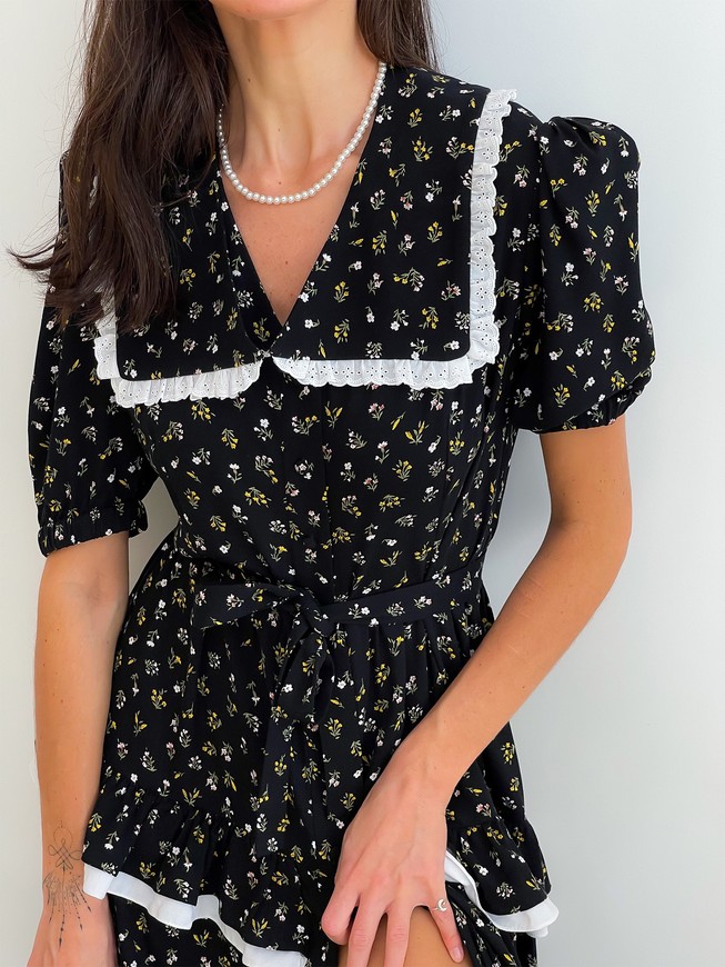 Dress with removable collar and frills Tyu-Tyu! XS black in floral print