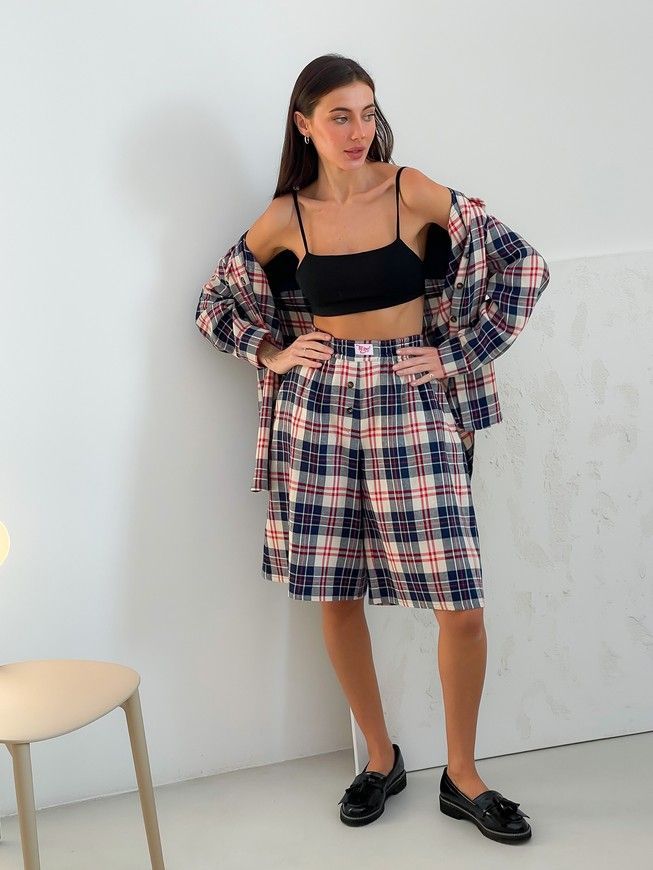 Oversized Pajama Style Suit (bermuda shorts and shirt) Boyfriend's Tyu-Tyu! XS/S milk in red-navy blue tartan