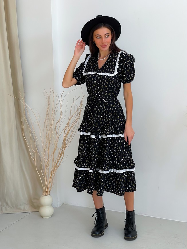 Платье на пуговках со съемным воротником и воланами Тю-Тю! XS черное в цветочный принт
