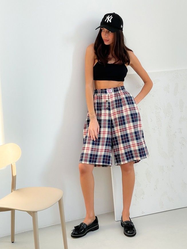 Oversized Pajama Style Suit (bermuda shorts and shirt) Boyfriend's Tyu-Tyu! XS/S milk in red-navy blue tartan