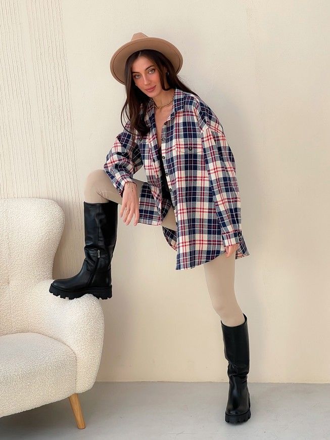 Oversized Pajama Style Suit (bermuda shorts and shirt) Boyfriend's Tyu-Tyu! XS/S milk in red-navy blue tartan
