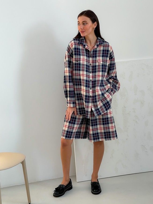 Oversized Pajama Style Suit (bermuda shorts and shirt) Boyfriend's Tyu-Tyu! XS/S milk in red-navy blue tartan