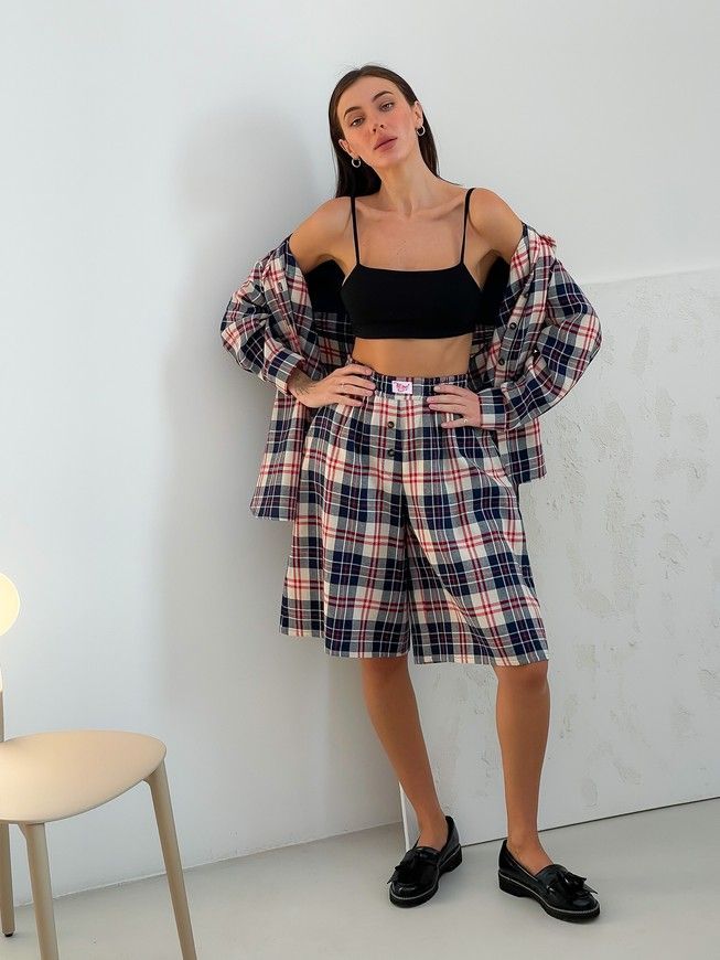 Oversized Pajama Style Suit (bermuda shorts and shirt) Boyfriend's Tyu-Tyu! XS/S milk in red-navy blue tartan