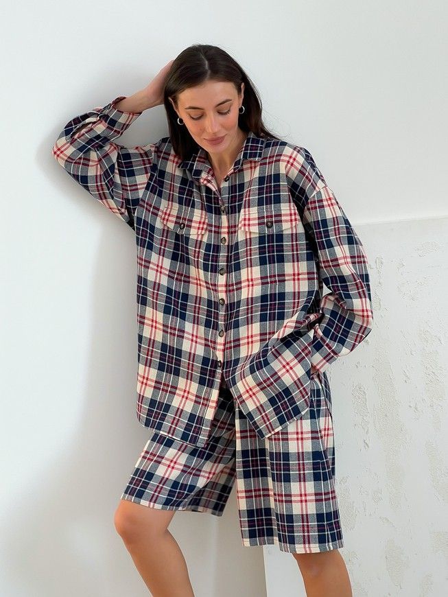 Oversized Pajama Style Suit (bermuda shorts and shirt) Boyfriend's Tyu-Tyu! XS/S milk in red-navy blue tartan